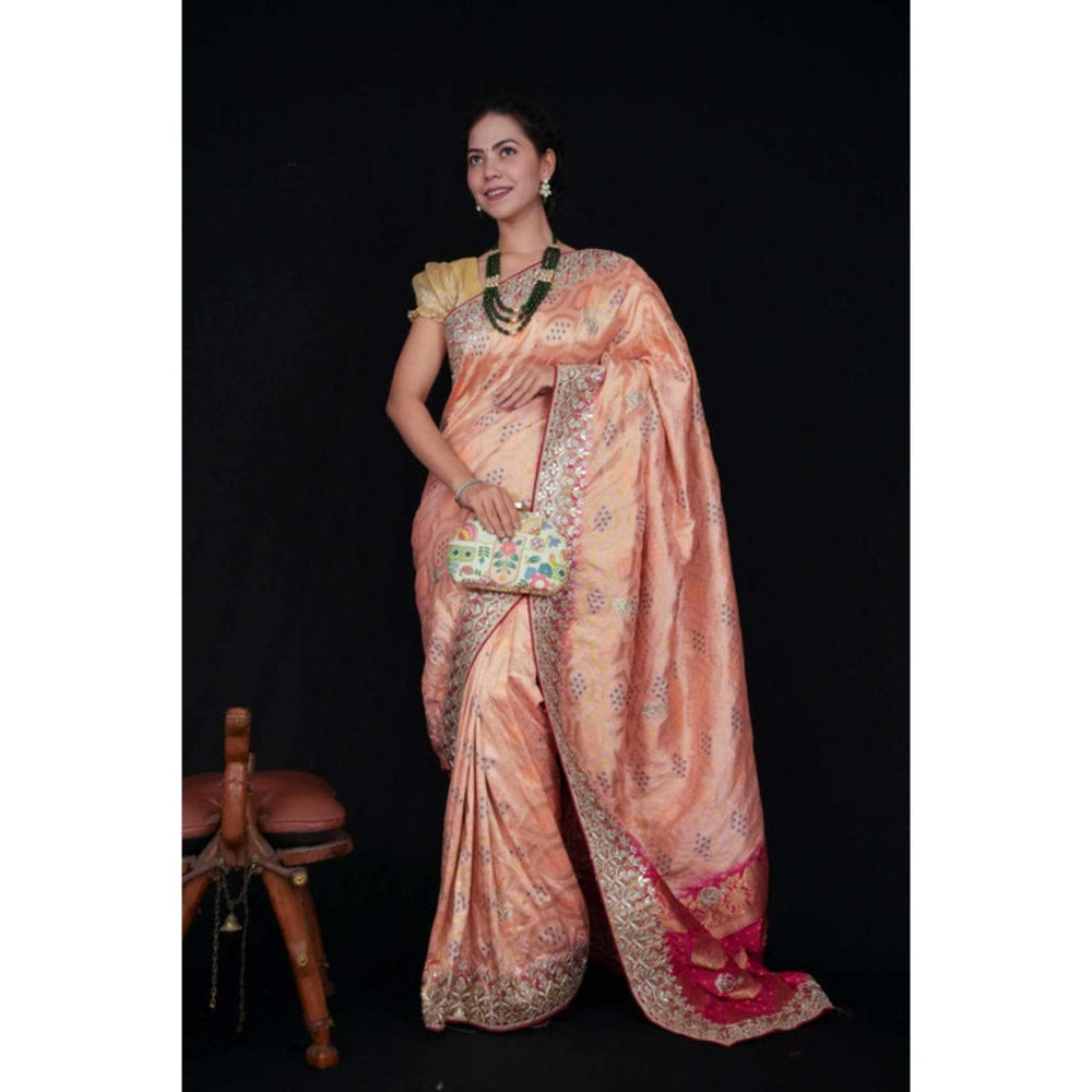 Isadora Life Womens Bandhani Printed Peach Pre-Draped Saree With Unstitched Blouse