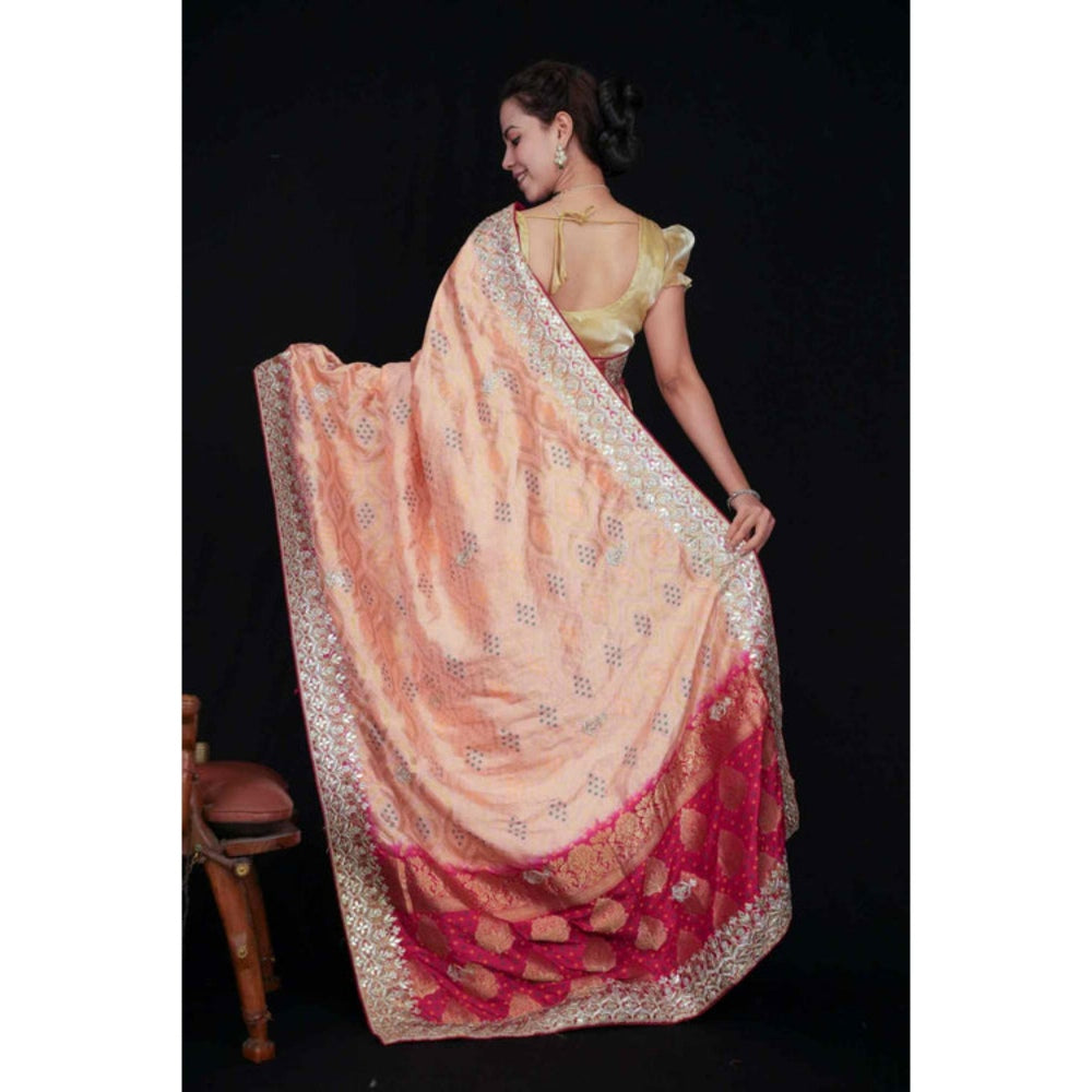 Isadora Life Womens Bandhani Printed Peach Pre-Draped Saree With Unstitched Blouse