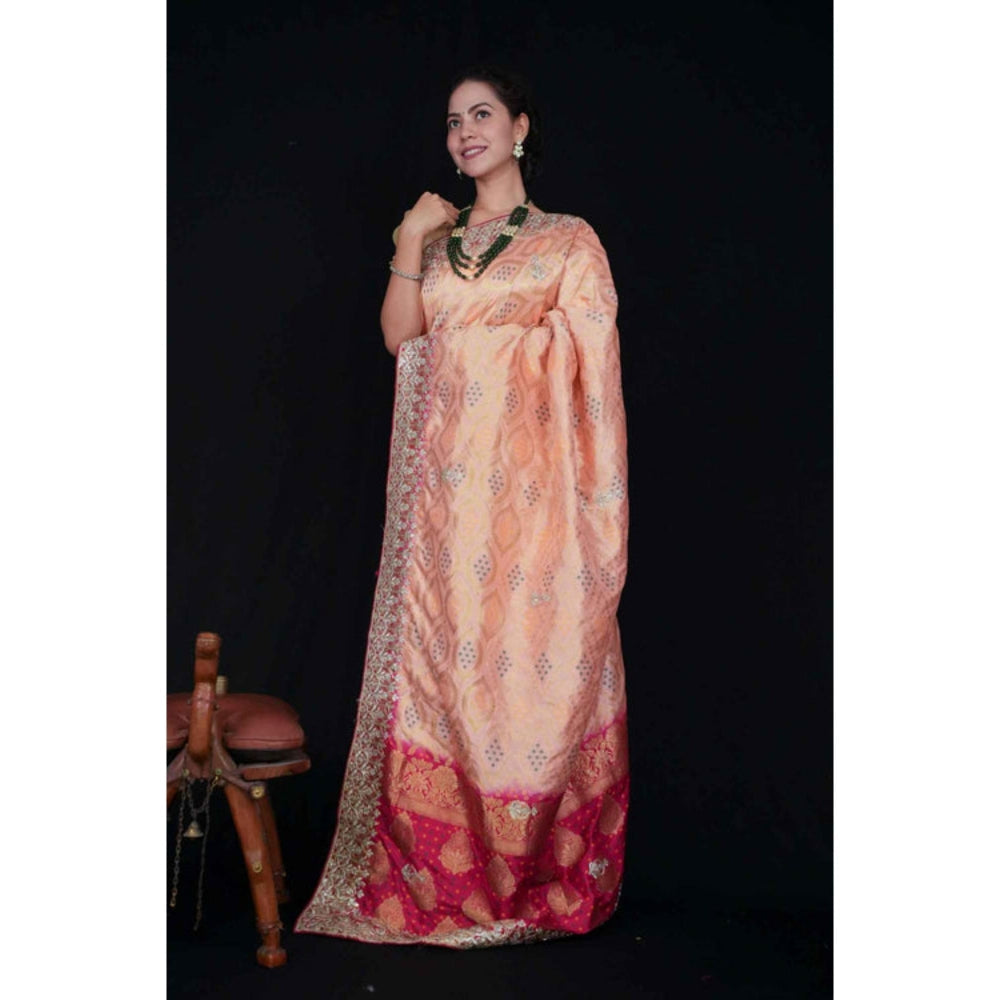 Isadora Life Womens Bandhani Printed Peach Pre-Draped Saree With Unstitched Blouse