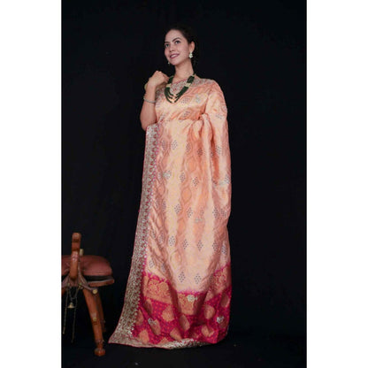 Isadora Life Womens Bandhani Printed Peach Pre-Draped Saree With Unstitched Blouse