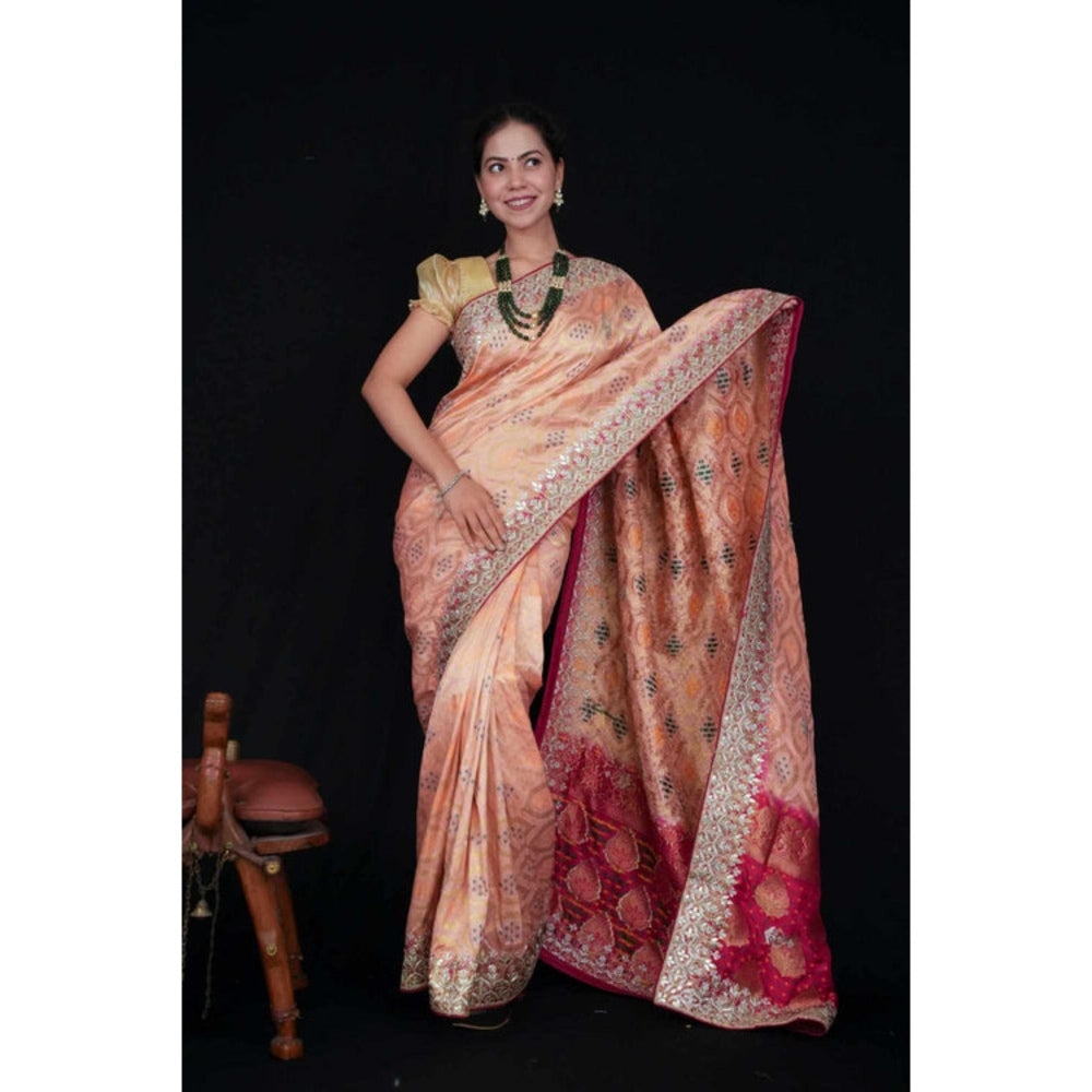 Isadora Life Womens Bandhani Printed Peach Pre-Draped Saree With Unstitched Blouse