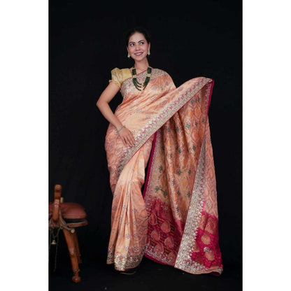 Isadora Life Womens Bandhani Printed Peach Pre-Draped Saree With Unstitched Blouse