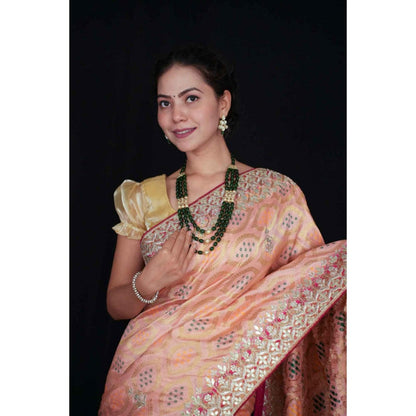 Isadora Life Womens Bandhani Printed Peach Pre-Draped Saree With Unstitched Blouse