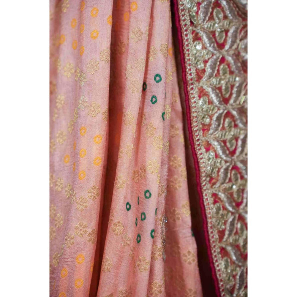 Isadora Life Womens Bandhani Printed Peach Pre-Draped Saree With Unstitched Blouse