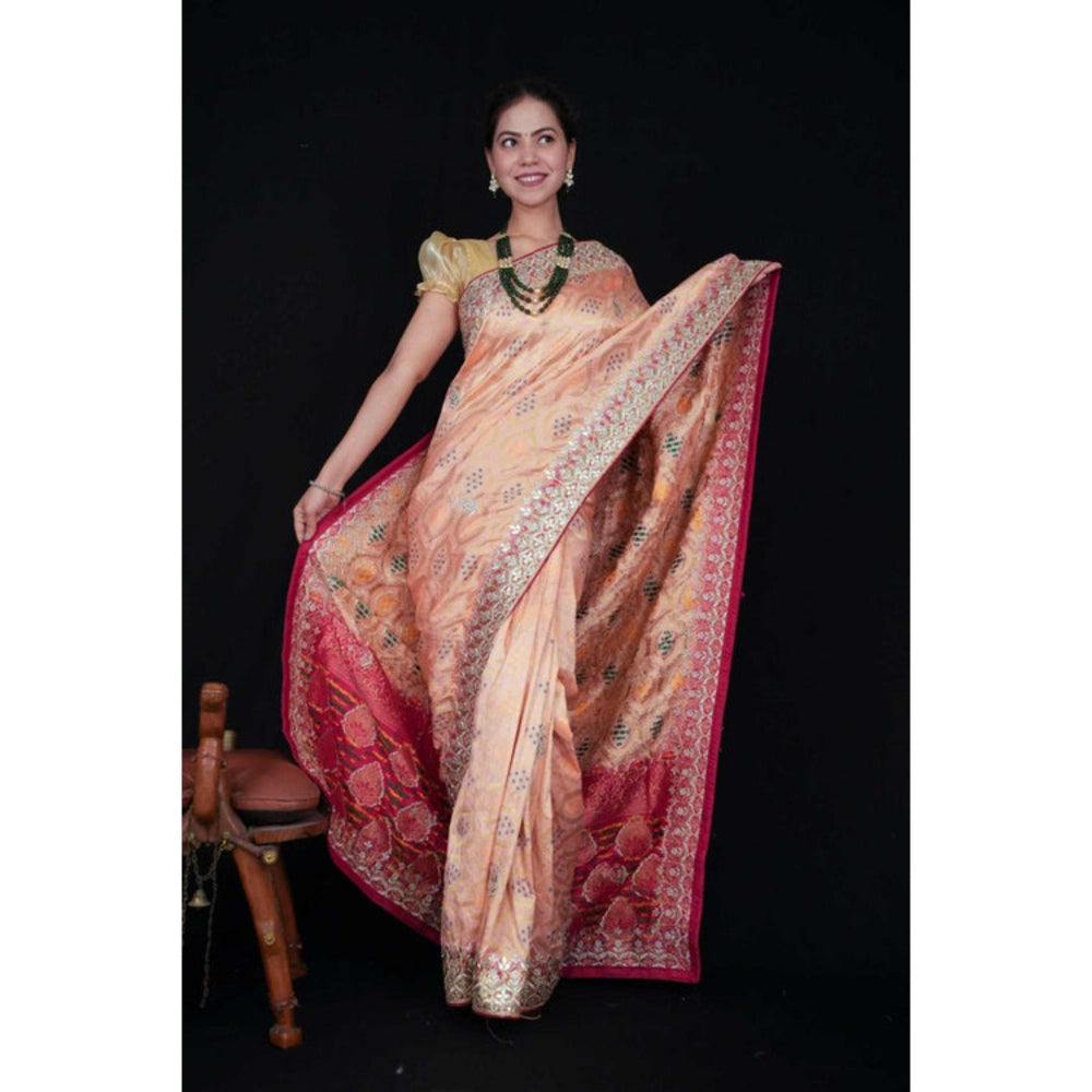 Isadora Life Womens Bandhani Printed Peach Pre-Draped Saree With Unstitched Blouse