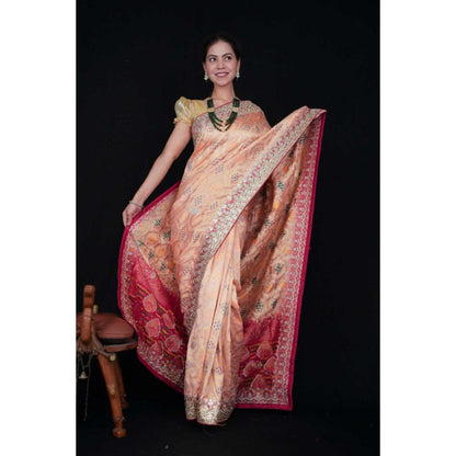 Isadora Life Womens Bandhani Printed Peach Pre-Draped Saree With Unstitched Blouse