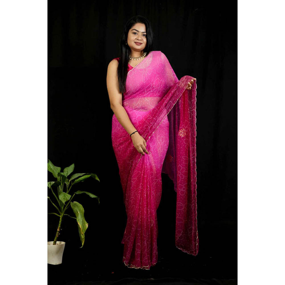 Isadora Life Womens Bandhani Printed Pink Pre-Draped Saree With Unstitched Blouse