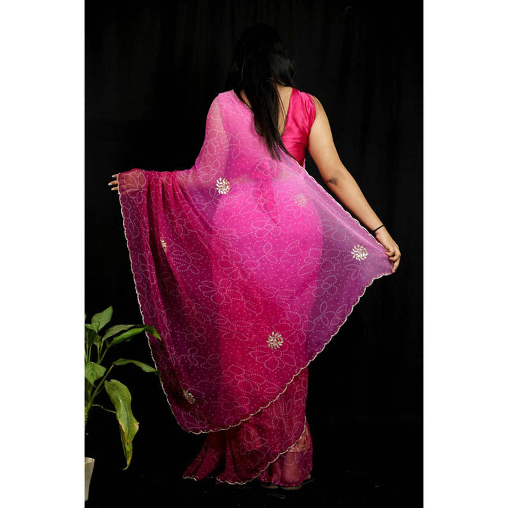 Isadora Life Womens Bandhani Printed Pink Pre-Draped Saree With Unstitched Blouse