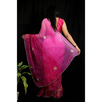 Isadora Life Womens Bandhani Printed Pink Pre-Draped Saree With Unstitched Blouse