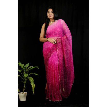 Isadora Life Womens Bandhani Printed Pink Pre-Draped Saree With Unstitched Blouse