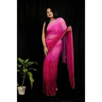 Isadora Life Womens Bandhani Printed Pink Pre-Draped Saree With Unstitched Blouse