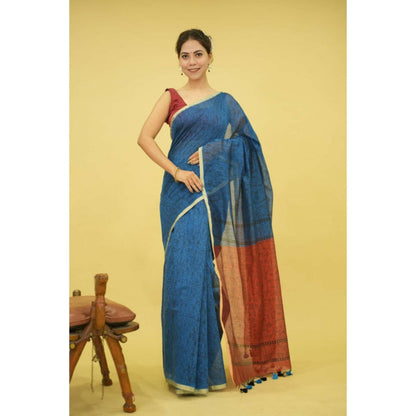 Isadora Life Womens Printed Tassels Blue Pre-Draped Saree With Unstitched Blouse
