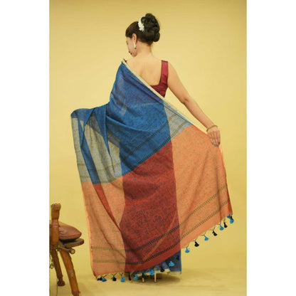 Isadora Life Womens Printed Tassels Blue Pre-Draped Saree With Unstitched Blouse