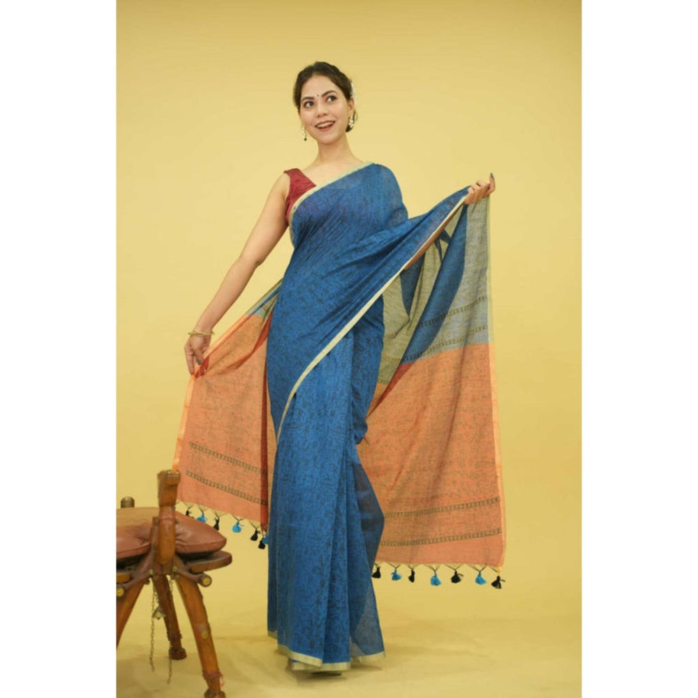 Isadora Life Womens Printed Tassels Blue Pre-Draped Saree With Unstitched Blouse