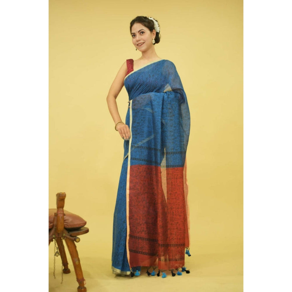 Isadora Life Womens Printed Tassels Blue Pre-Draped Saree With Unstitched Blouse