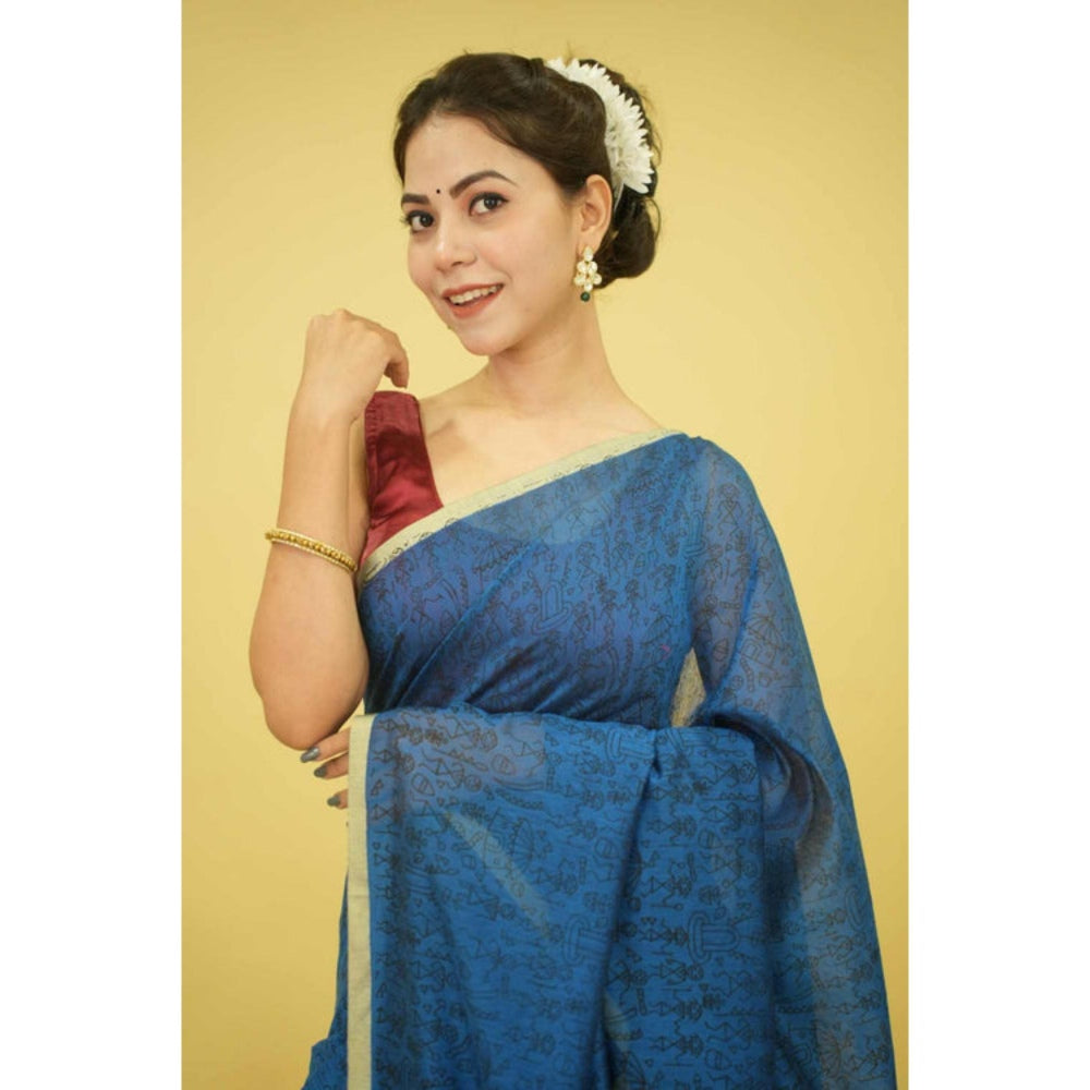 Isadora Life Womens Printed Tassels Blue Pre-Draped Saree With Unstitched Blouse