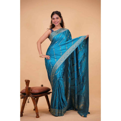 Isadora Life Womens Sequined Zari Blue Pre-Draped Saree With Unstitched Blouse