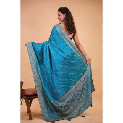 Isadora Life Womens Sequined Zari Blue Pre-Draped Saree With Unstitched Blouse