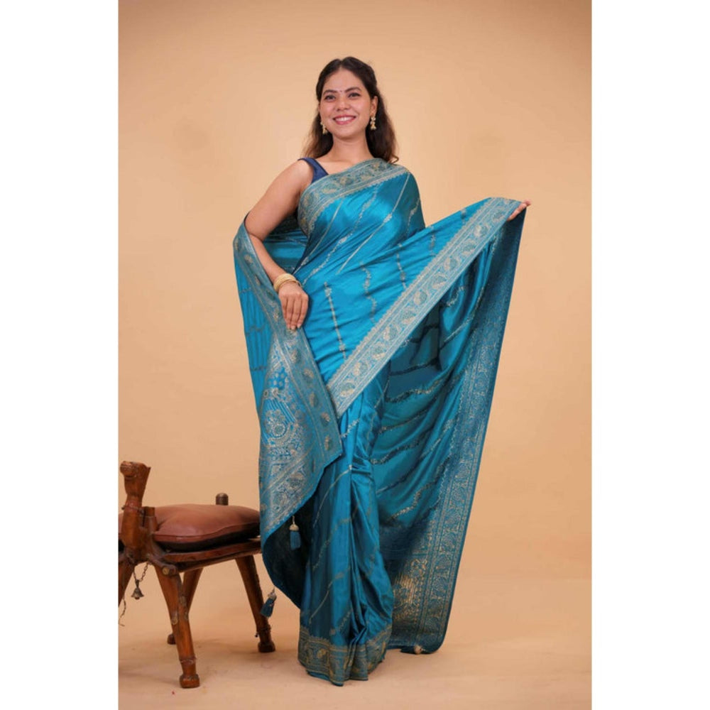 Isadora Life Womens Sequined Zari Blue Pre-Draped Saree With Unstitched Blouse