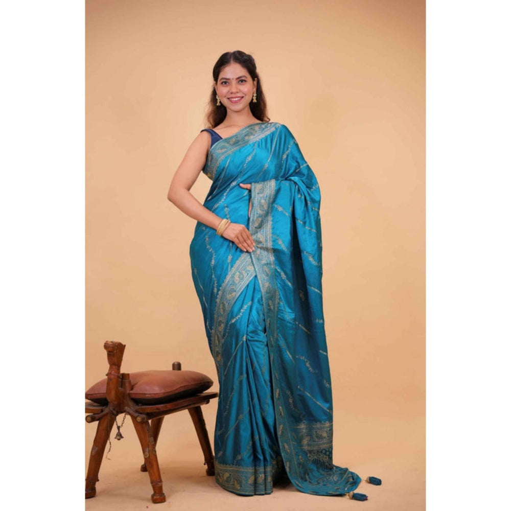 Isadora Life Womens Sequined Zari Blue Pre-Draped Saree With Unstitched Blouse