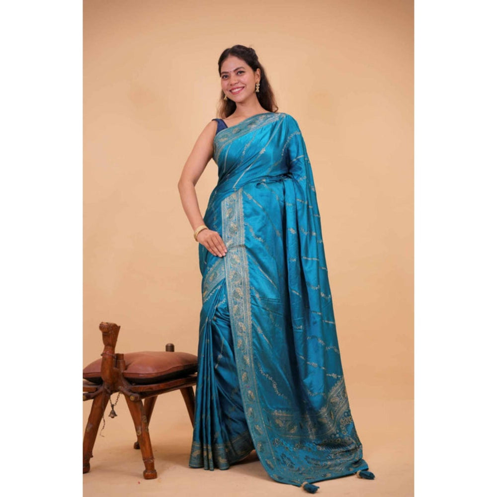 Isadora Life Womens Sequined Zari Blue Pre-Draped Saree With Unstitched Blouse