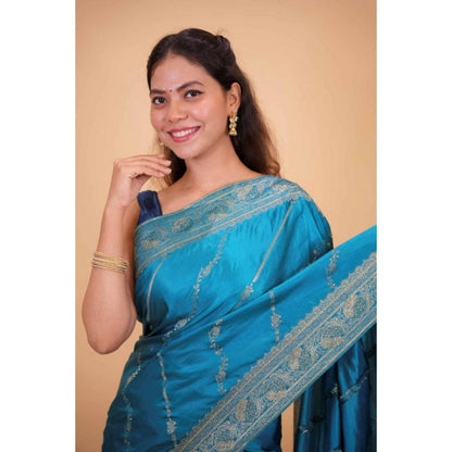 Isadora Life Womens Sequined Zari Blue Pre-Draped Saree With Unstitched Blouse