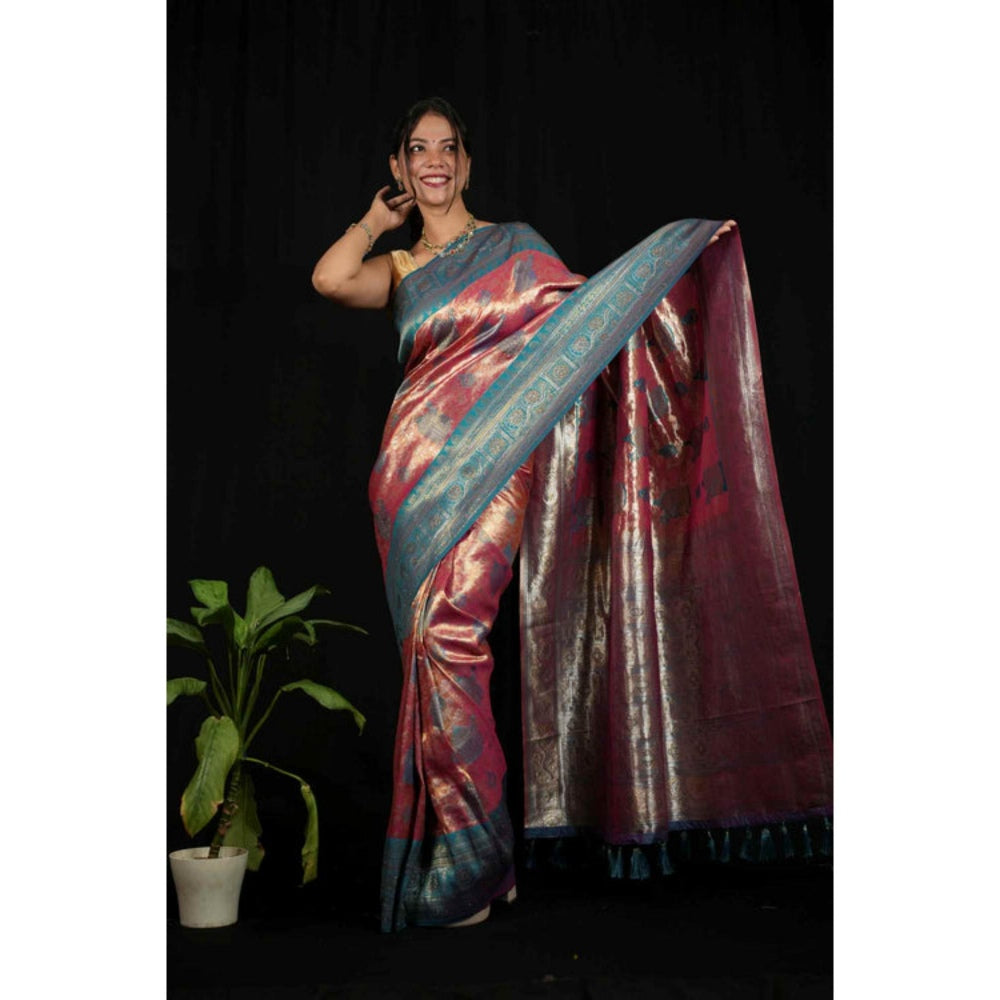 Isadora Life Womens Woven Zari Pink Pre-Draped Saree With Unstitched Blouse
