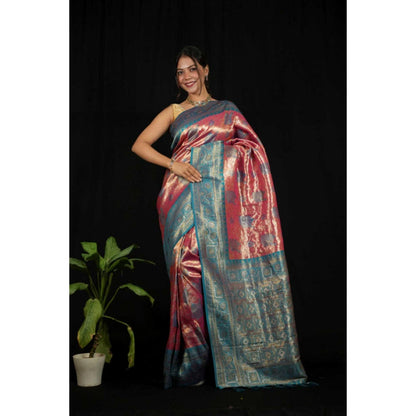 Isadora Life Womens Woven Zari Pink Pre-Draped Saree With Unstitched Blouse