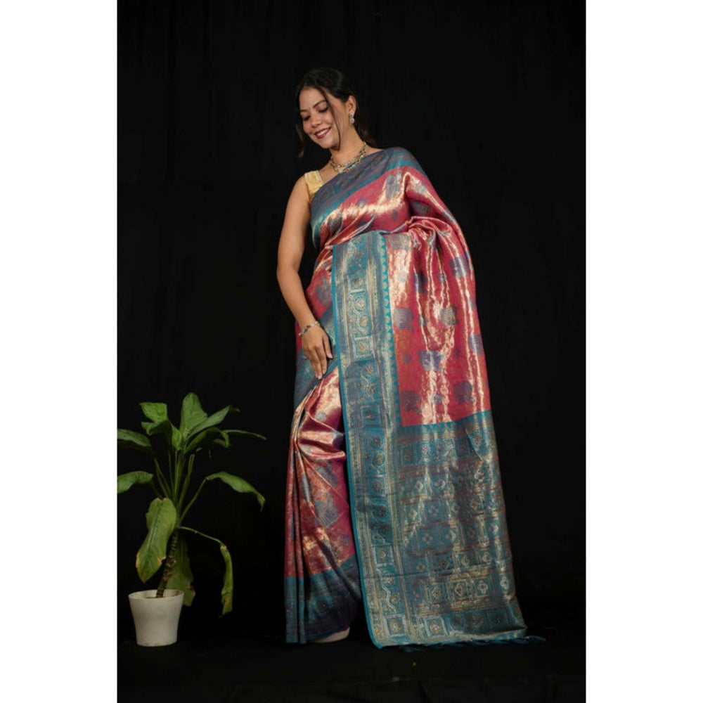 Isadora Life Womens Woven Zari Pink Pre-Draped Saree With Unstitched Blouse