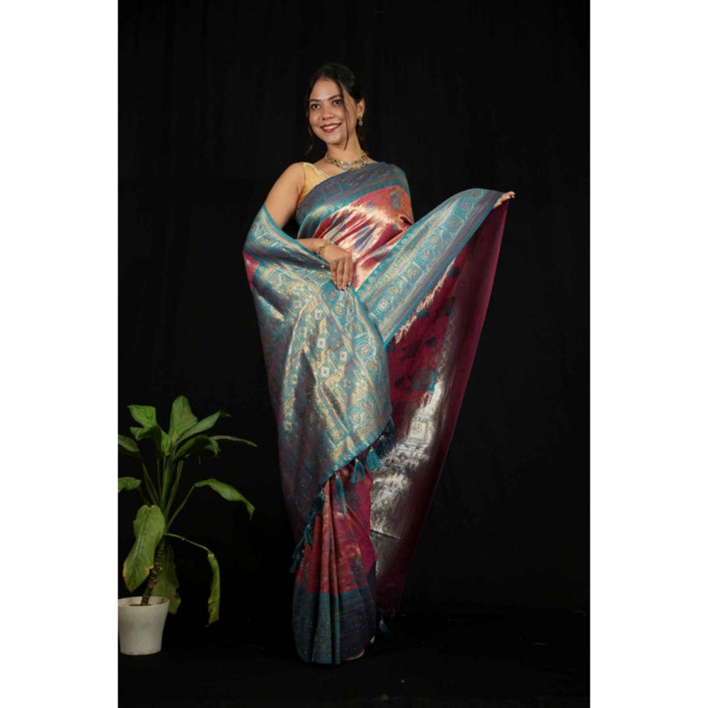 Isadora Life Womens Woven Zari Pink Pre-Draped Saree With Unstitched Blouse