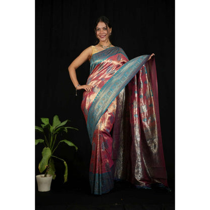 Isadora Life Womens Woven Zari Pink Pre-Draped Saree With Unstitched Blouse