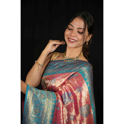 Isadora Life Womens Woven Zari Pink Pre-Draped Saree With Unstitched Blouse