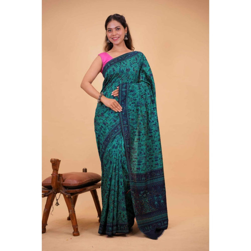 Isadora Life Womens Printed Embroidered Blue Pre-Draped Saree With Unstitched Blouse