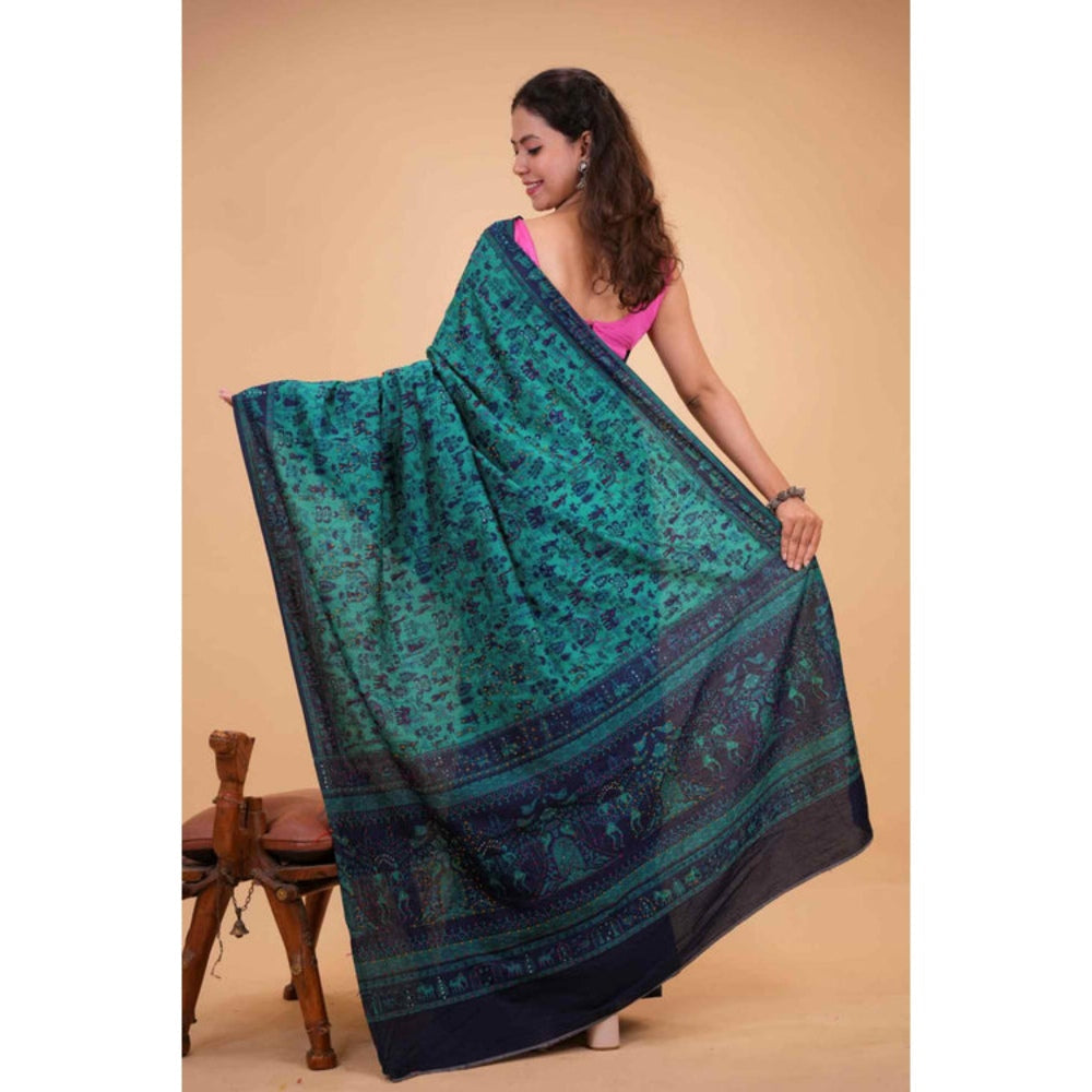 Isadora Life Womens Printed Embroidered Blue Pre-Draped Saree With Unstitched Blouse