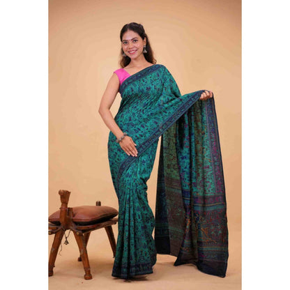 Isadora Life Womens Printed Embroidered Blue Pre-Draped Saree With Unstitched Blouse