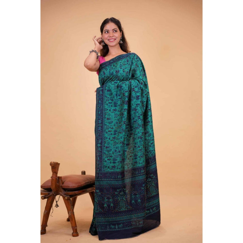 Isadora Life Womens Printed Embroidered Blue Pre-Draped Saree With Unstitched Blouse