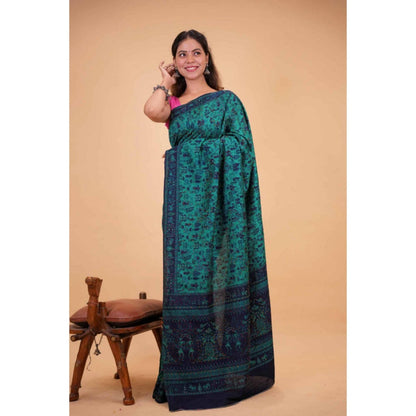 Isadora Life Womens Printed Embroidered Blue Pre-Draped Saree With Unstitched Blouse