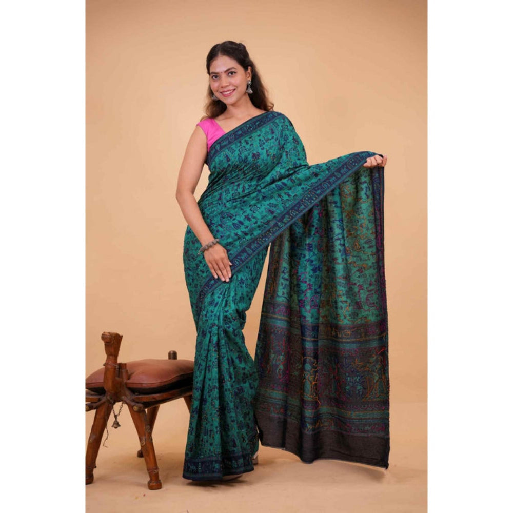 Isadora Life Womens Printed Embroidered Blue Pre-Draped Saree With Unstitched Blouse