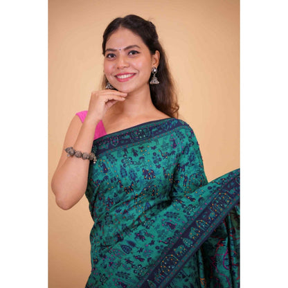 Isadora Life Womens Printed Embroidered Blue Pre-Draped Saree With Unstitched Blouse