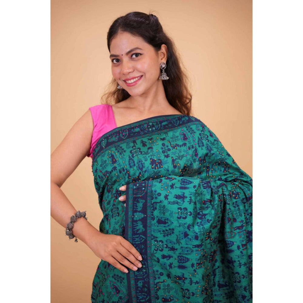 Isadora Life Womens Printed Embroidered Blue Pre-Draped Saree With Unstitched Blouse