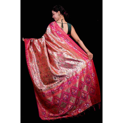 Isadora Life Womens Woven Zari Pink Pre-Draped Saree With Unstitched Blouse
