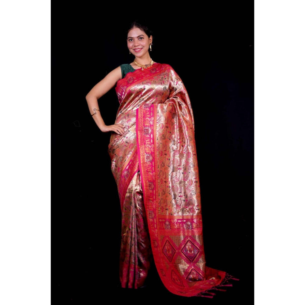 Isadora Life Womens Woven Zari Pink Pre-Draped Saree With Unstitched Blouse