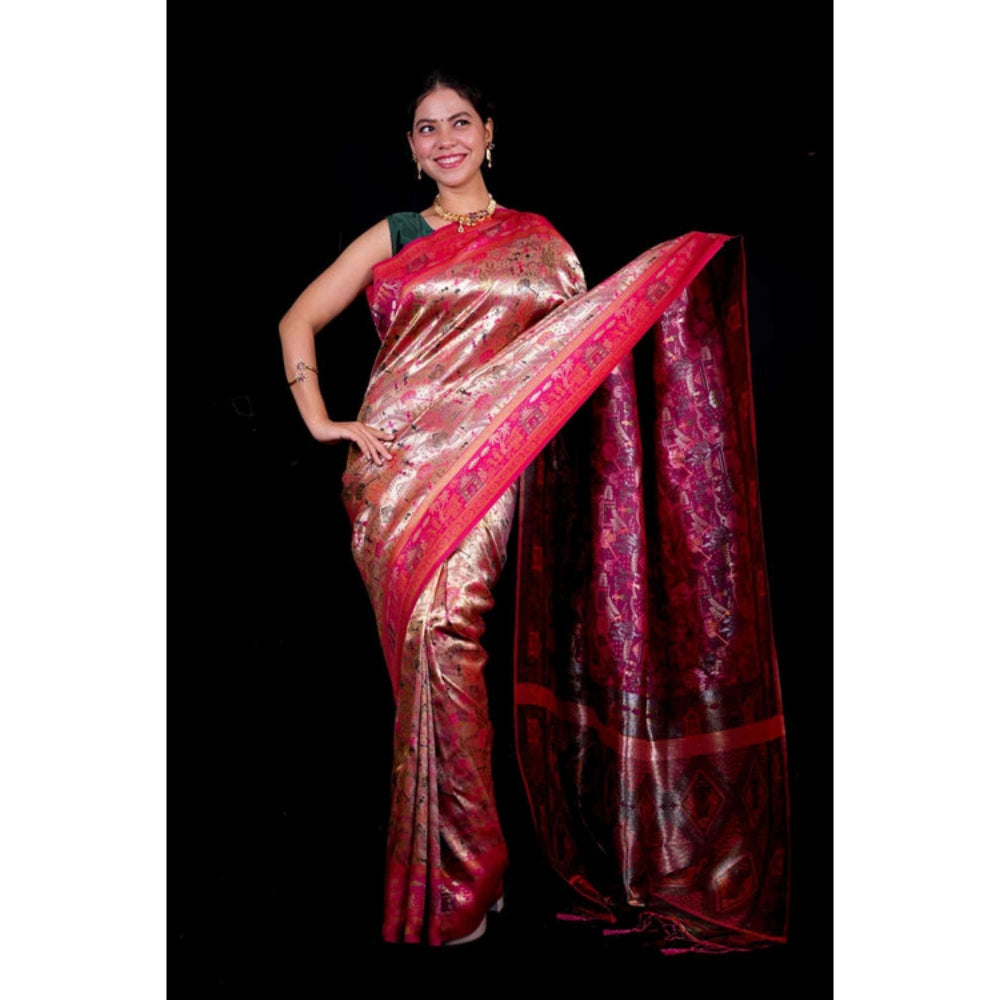 Isadora Life Womens Woven Zari Pink Pre-Draped Saree With Unstitched Blouse
