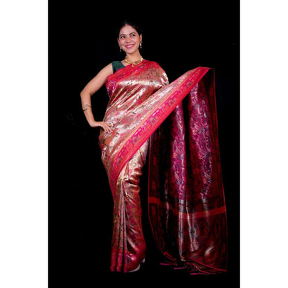 Isadora Life Womens Woven Zari Pink Pre-Draped Saree With Unstitched Blouse
