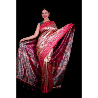 Isadora Life Womens Woven Zari Pink Pre-Draped Saree With Unstitched Blouse