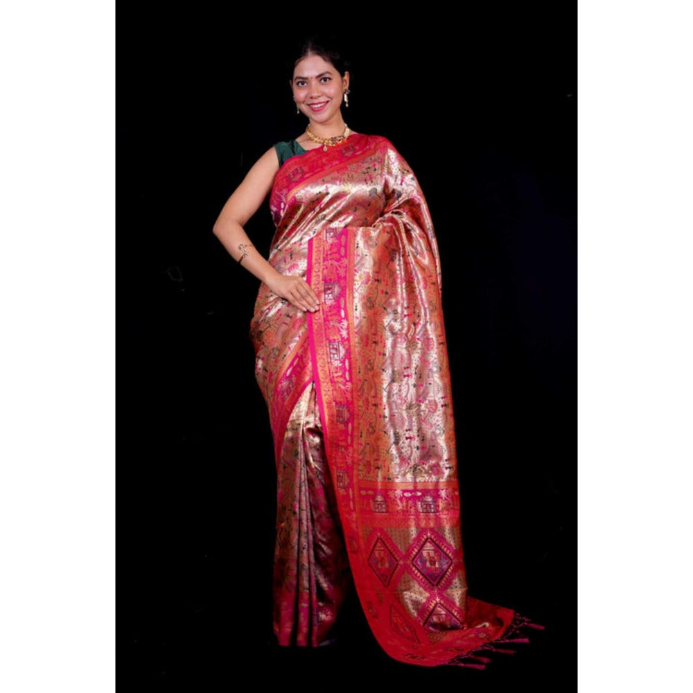 Isadora Life Womens Woven Zari Pink Pre-Draped Saree With Unstitched Blouse