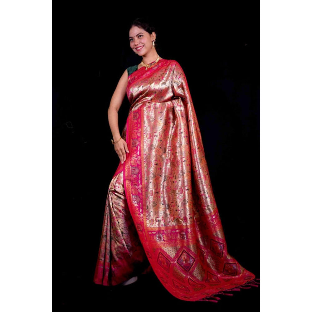 Isadora Life Womens Woven Zari Pink Pre-Draped Saree With Unstitched Blouse