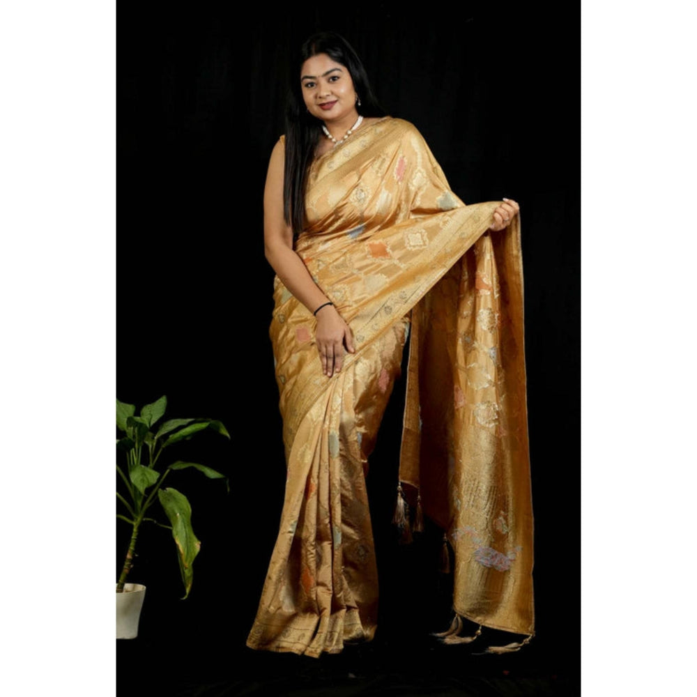 Isadora Life Womens Woven Tassels Gold Pre-Draped Saree With Unstitched Blouse