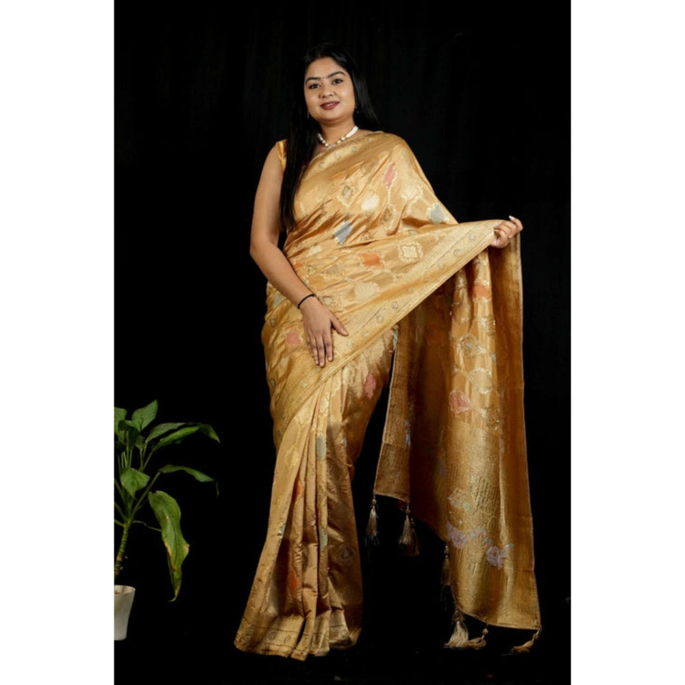 Isadora Life Womens Woven Tassels Gold Pre-Draped Saree With Unstitched Blouse