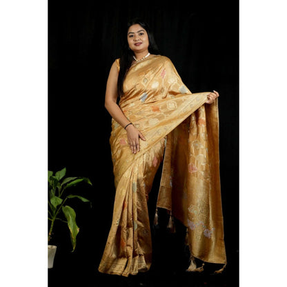 Isadora Life Womens Woven Tassels Gold Pre-Draped Saree With Unstitched Blouse